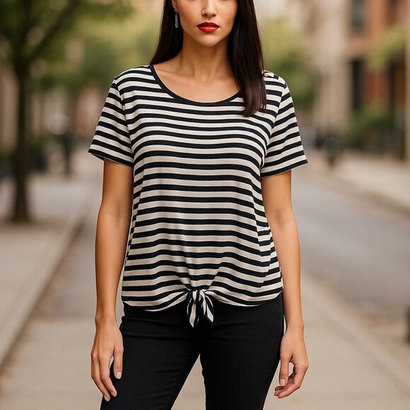 ELLEN TRACY Black Striped Front Tie Tee Plus 2X Shirt Top Scoopneck - Picture 10 of 10